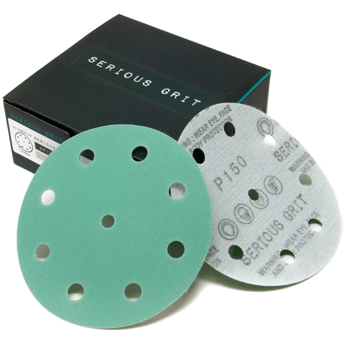 Serious Grit 5-inch 9-hole disc close-up shows durable film for smooth sanding.