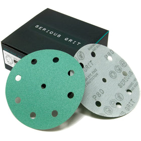 Serious Grit 5-inch 9-hole 80-grit disc close-up with durable texture.