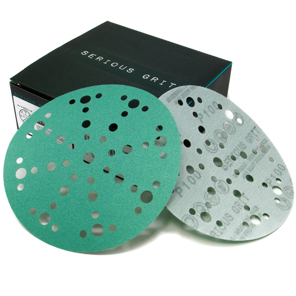 Serious Grit 6-inch 49-hole 100-grit disc for precise sanding on wood and metal.