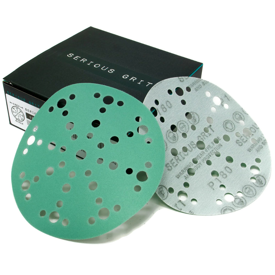 Serious Grit 6-inch disc with 49 holes for smooth wood prep.