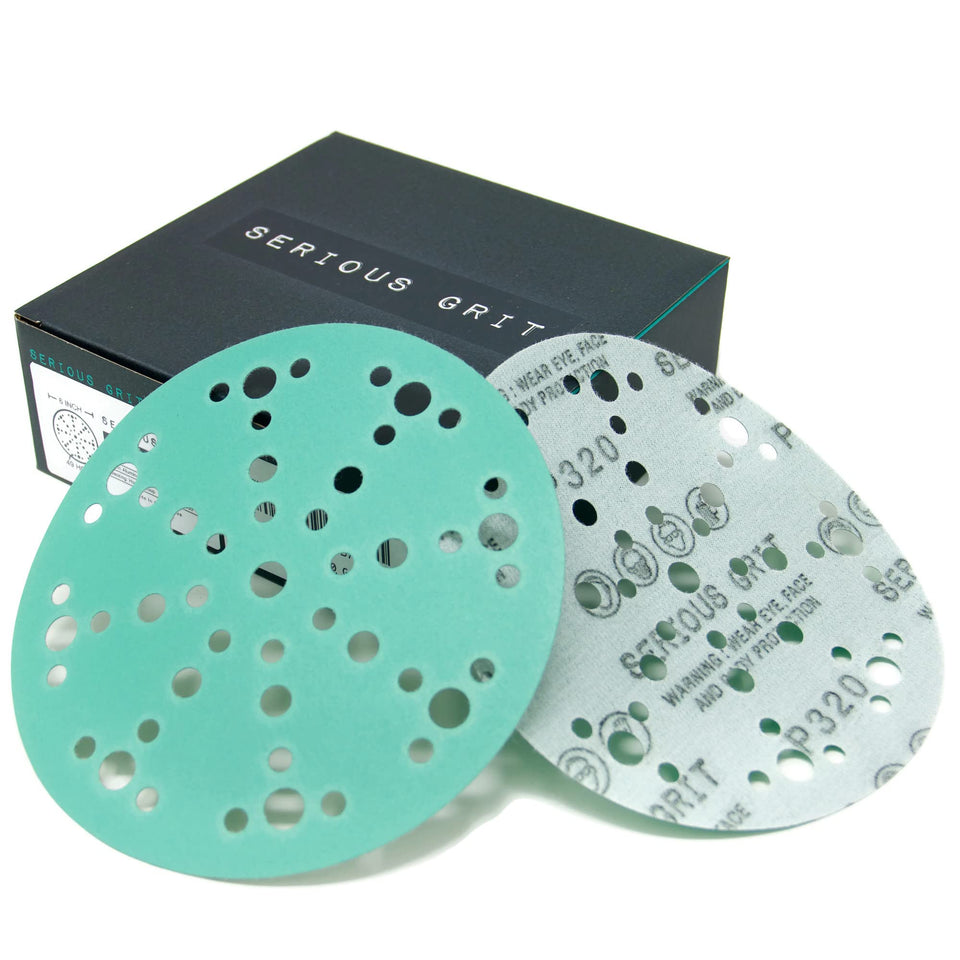 Serious Grit 6-inch 49-hole 320-grit disc on a Festool sander for a smooth finish.