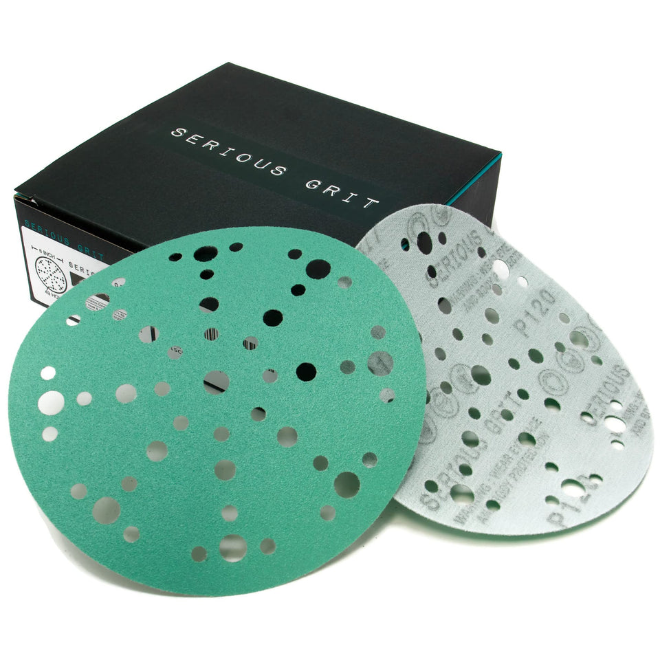 Serious Grit 6-inch 120-grit disc for wood and metal surfaces.
