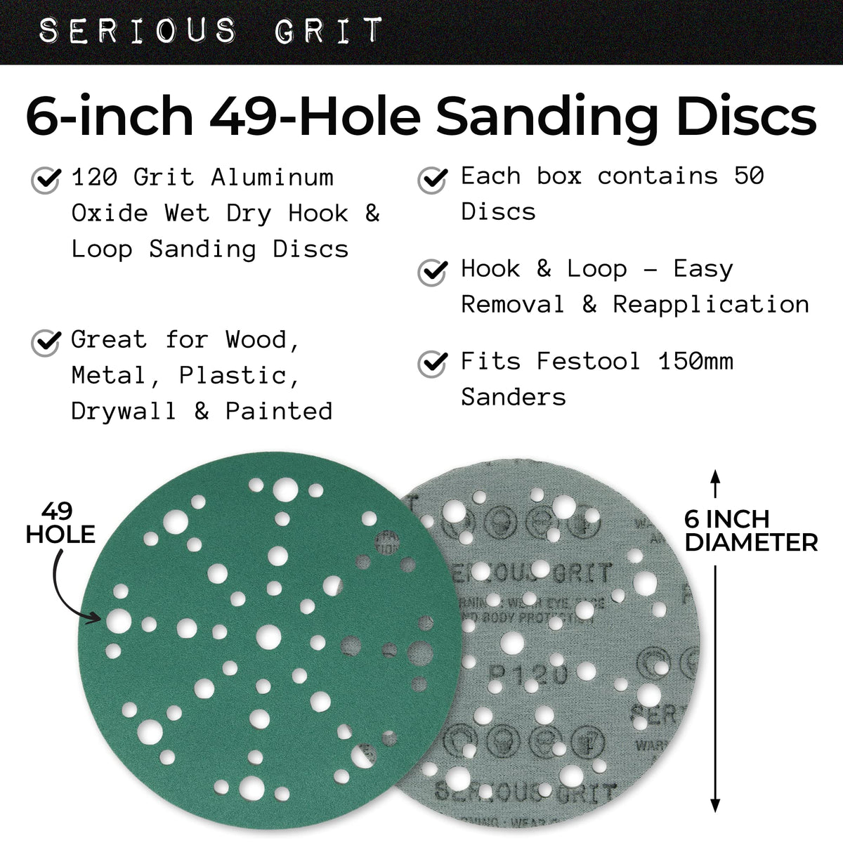 Serious Grit 6-inch 120-grit disc with 49-hole pattern on painted surfaces.