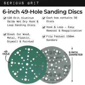Serious Grit 6-inch 120-grit disc with 49-hole pattern on painted surfaces.
