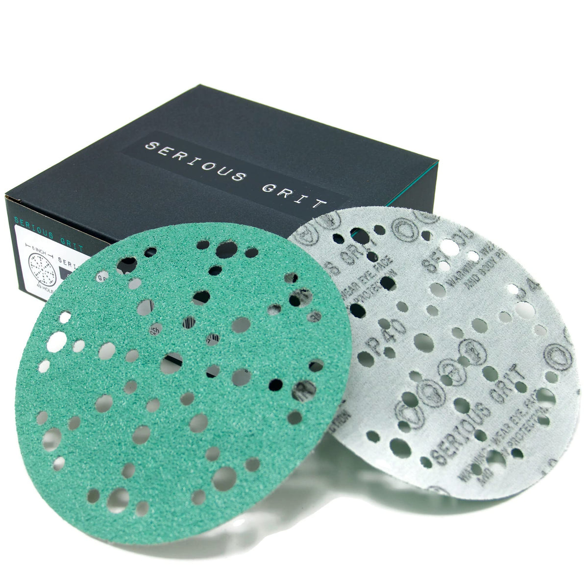 Serious Grit 6-inch 49-hole 40-grit disc for aggressive material removal on wood and metal.