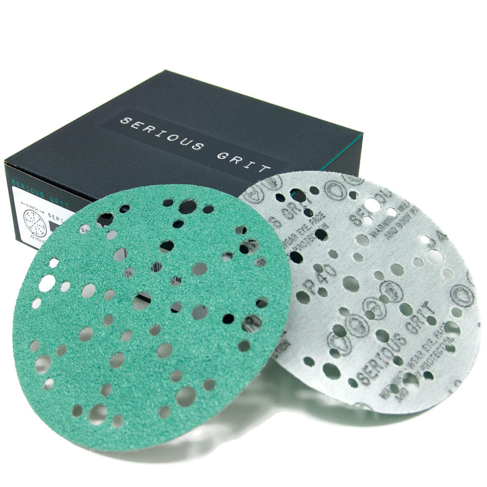 Serious Grit 6-inch 49-hole 40-grit disc for aggressive material removal on wood and metal.