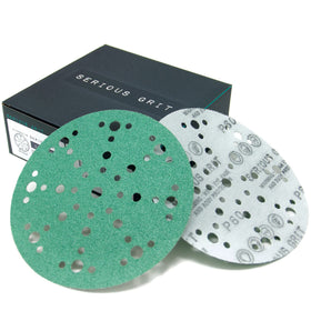 Serious Grit 6-inch sanding disc close-up shows durable hook-and-loop backing.