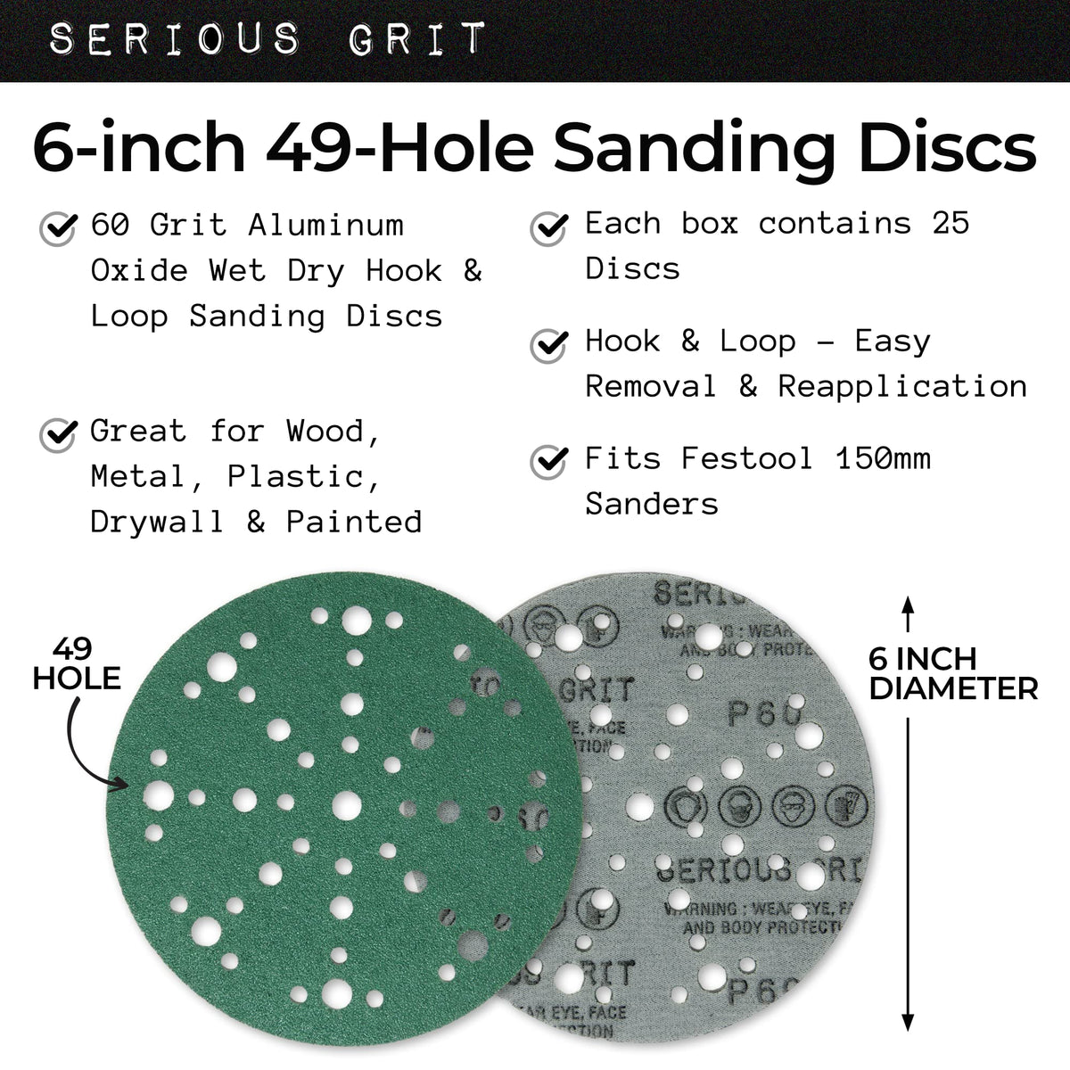 Serious Grit 6-inch 60-grit disc mounted on Festool sander demonstrates material removal.