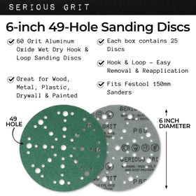 Serious Grit 6-inch 60-grit disc mounted on Festool sander demonstrates material removal.