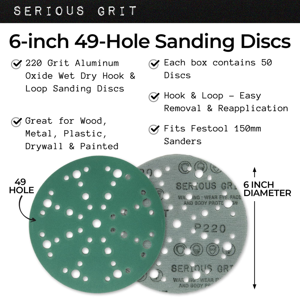 Serious Grit 220 grit disc with anti-clog coating sheds dust during sanding