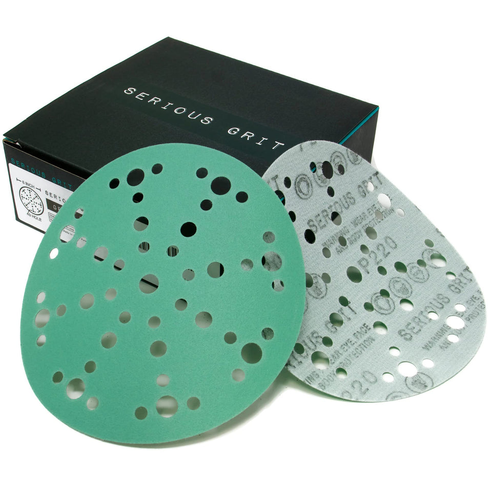 Serious Grit 6 inch 49 hole 220 grit disc on Festool sander for smooth finish
