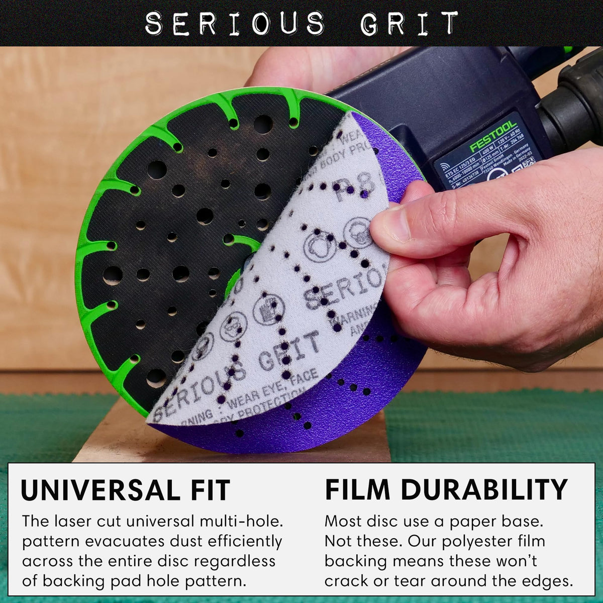 Serious Grit disc demonstrates dust collection through the multi-hole design.