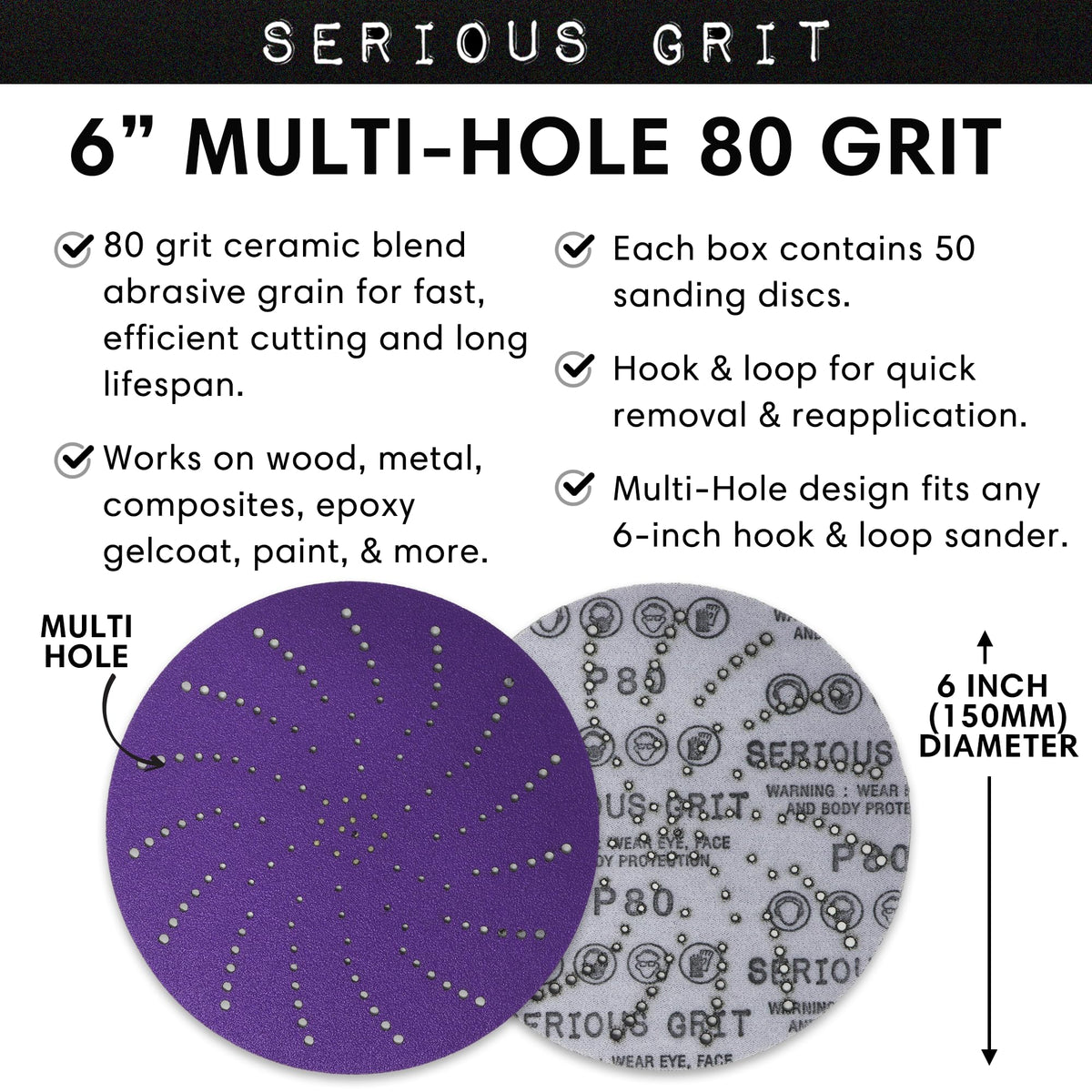 Serious Grit 6-Inch sanding disc with hook-and-loop backing for quick changes.