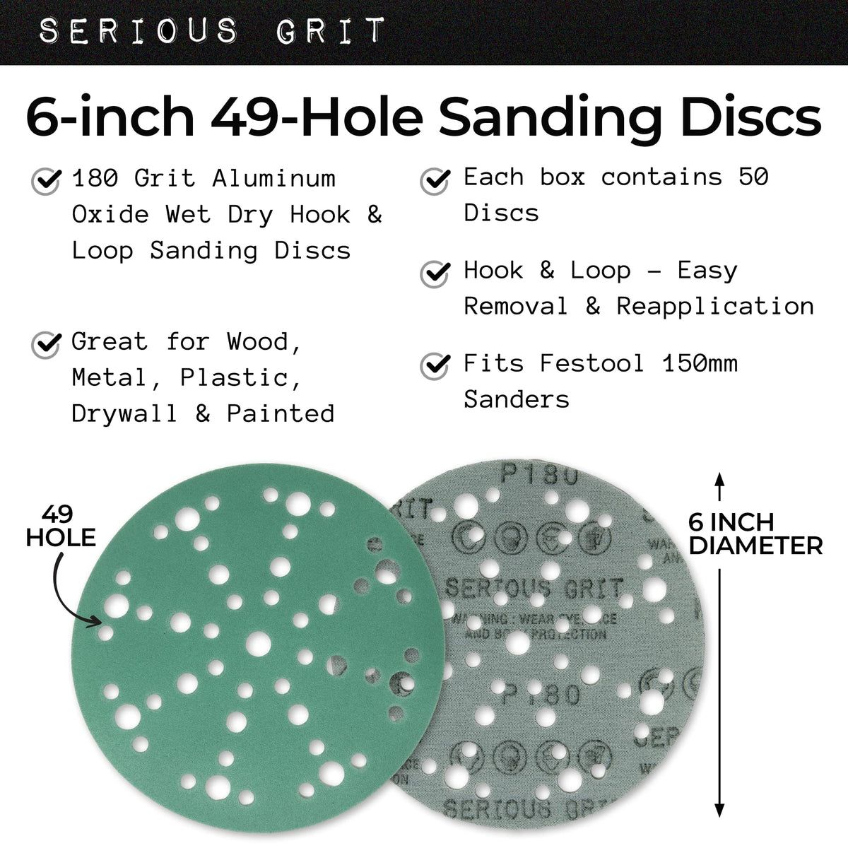Serious Grit close-up shows the 49-hole pattern for dust extraction.