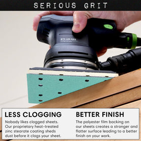 Serious Grit sanding sheets shown compatible with Festool RTS 400 and Mirka Deos.