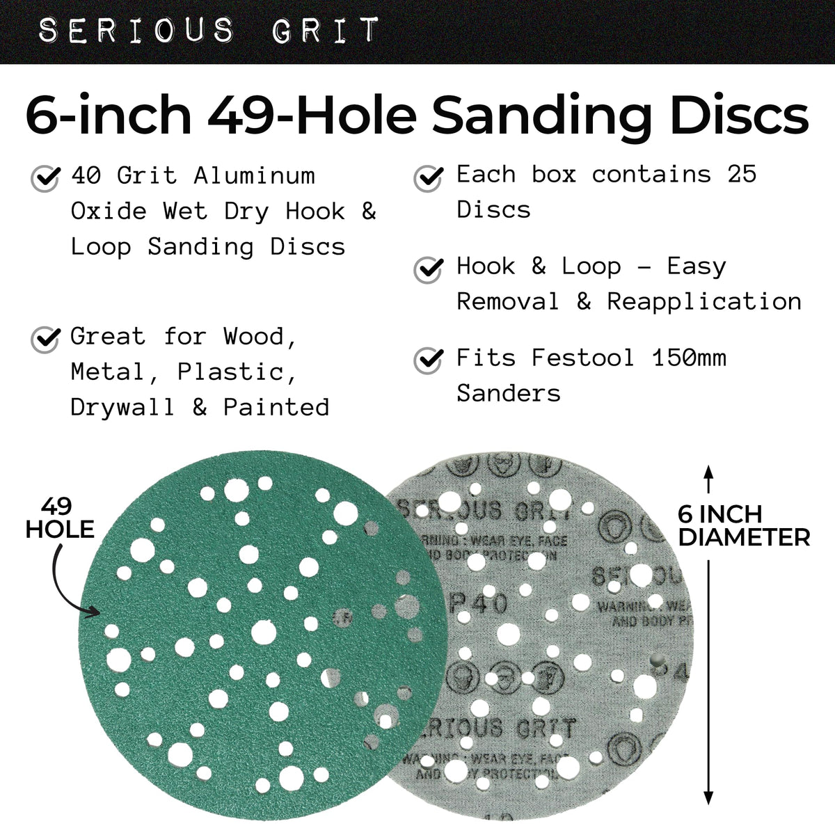 Serious Grit discs fit Festool sanders for secure attachment during precise sanding.