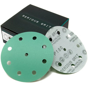 Serious Grit five-inch nine-hole 180 grit disc for precise surface prep.