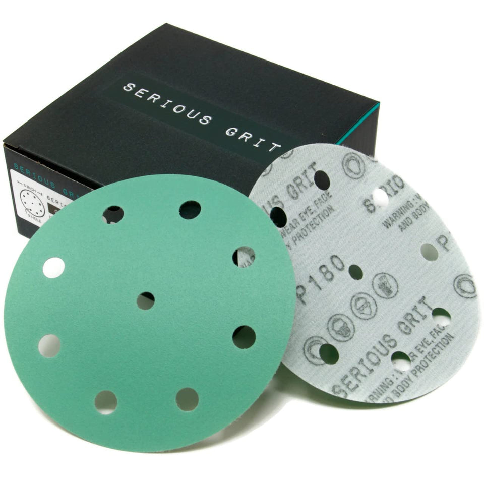 Serious Grit five-inch nine-hole 180 grit disc for precise surface prep.