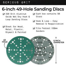 Serious Grit hook-and-loop film backing keeps discs secure during sanding.