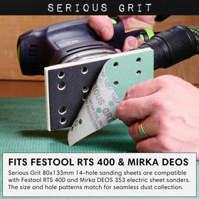 Durable polyester film backing on Serious Grit sheets during corner work.