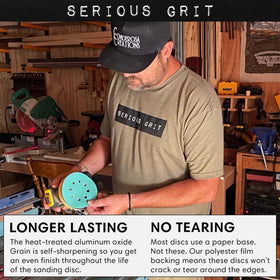 Serious Grit 180-grit disc ideal for final smoothing on wood and composite surfaces.