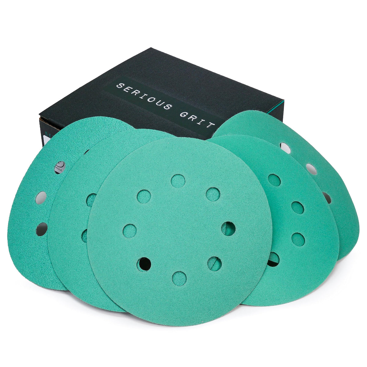 Serious Grit 80-grit sanding disc for fast stock removal on a 5-inch, 8-hole pad.