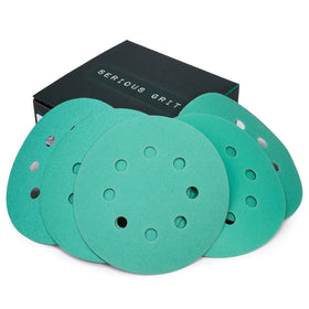 Serious Grit 80-grit sanding disc for fast stock removal on a 5-inch, 8-hole pad.