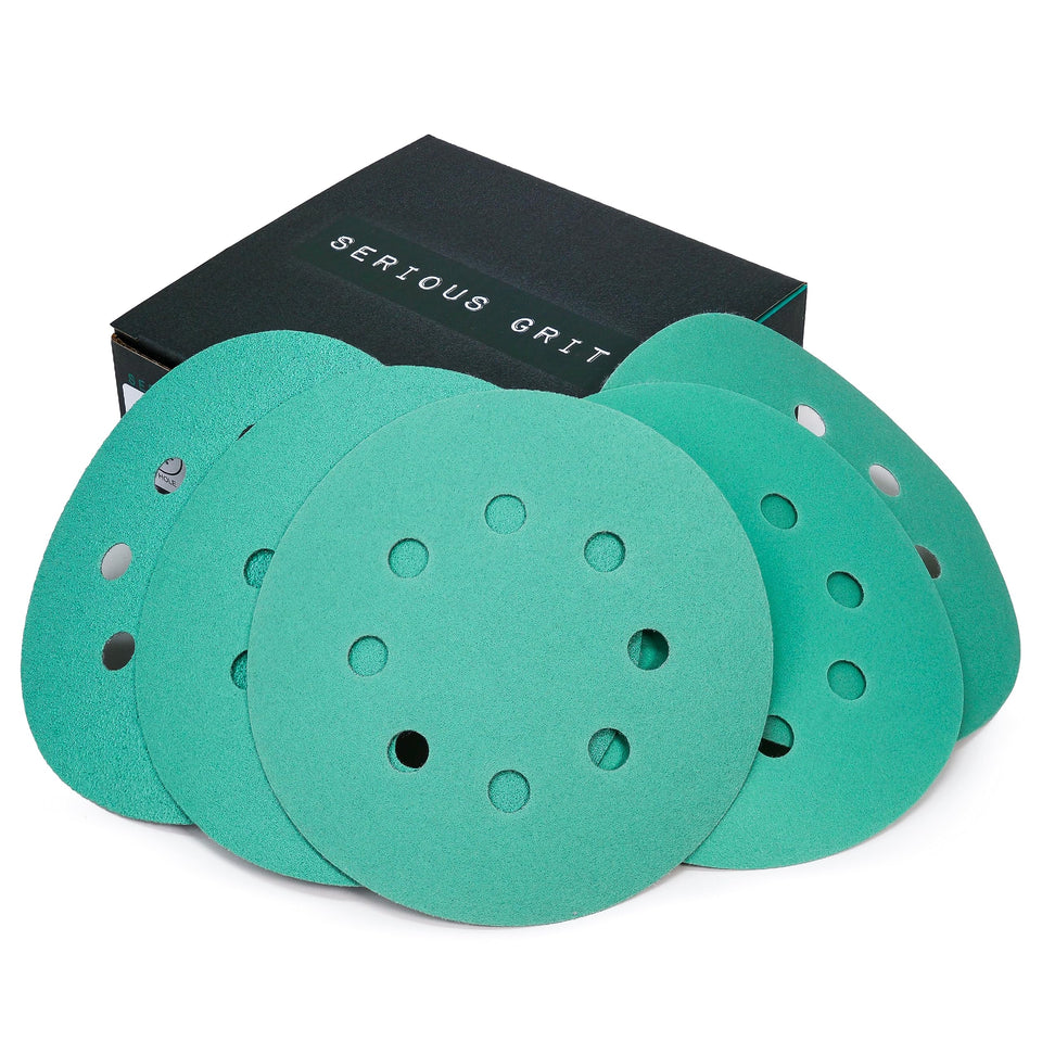 Serious Grit 80-grit sanding disc for fast stock removal on a 5-inch, 8-hole pad.