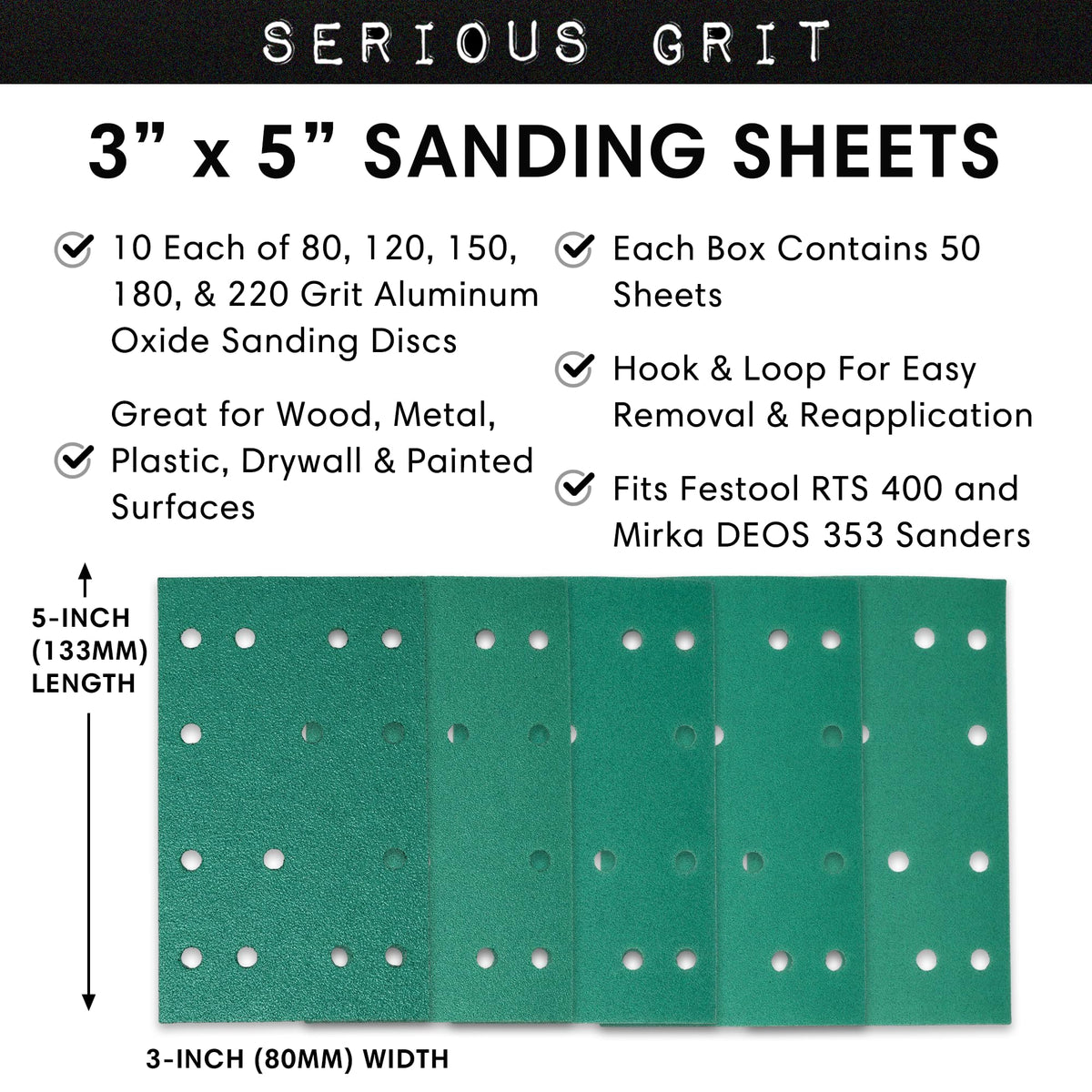 Serious Grit sanding sheets aligned with Festool RTS 400 for efficient sanding.