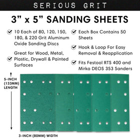 Serious Grit sanding sheets aligned with Festool RTS 400 for efficient sanding.