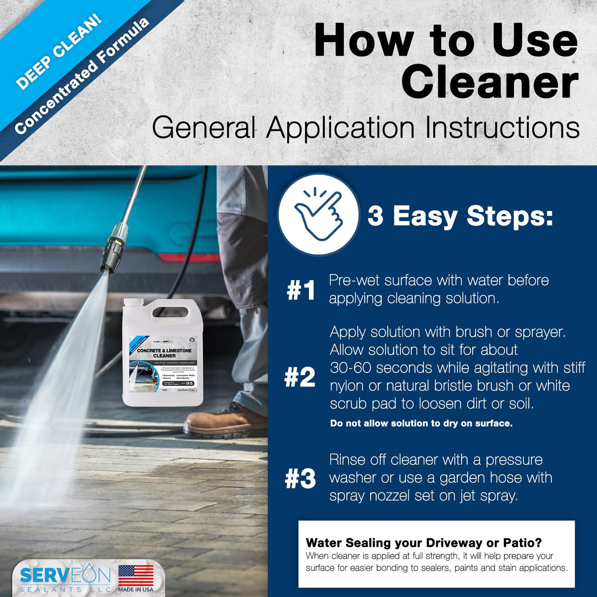 Serveon Sealants works on interior and exterior stone, concrete, grout, and cement surfaces.