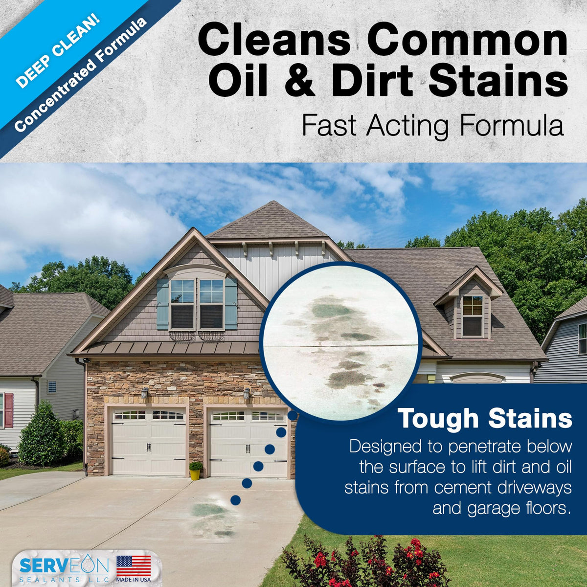 Rust and oil stain removal on a stone patio with Serveon Sealants Concrete Cleaner.