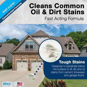 Rust and oil stain removal on a stone patio with Serveon Sealants Concrete Cleaner.