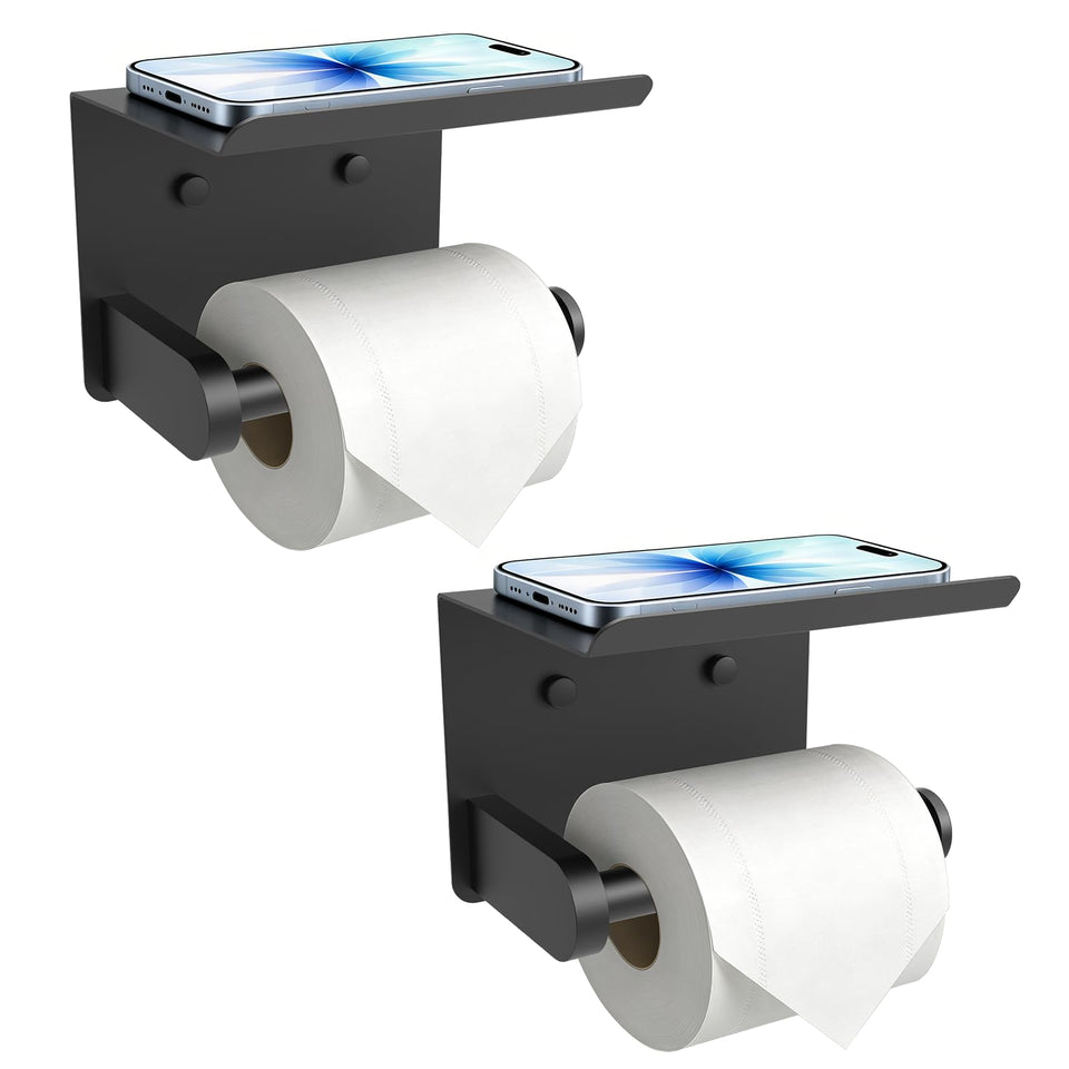 SetSail toilet paper holder with shelf shows adhesive installation for damage-free wall mounting