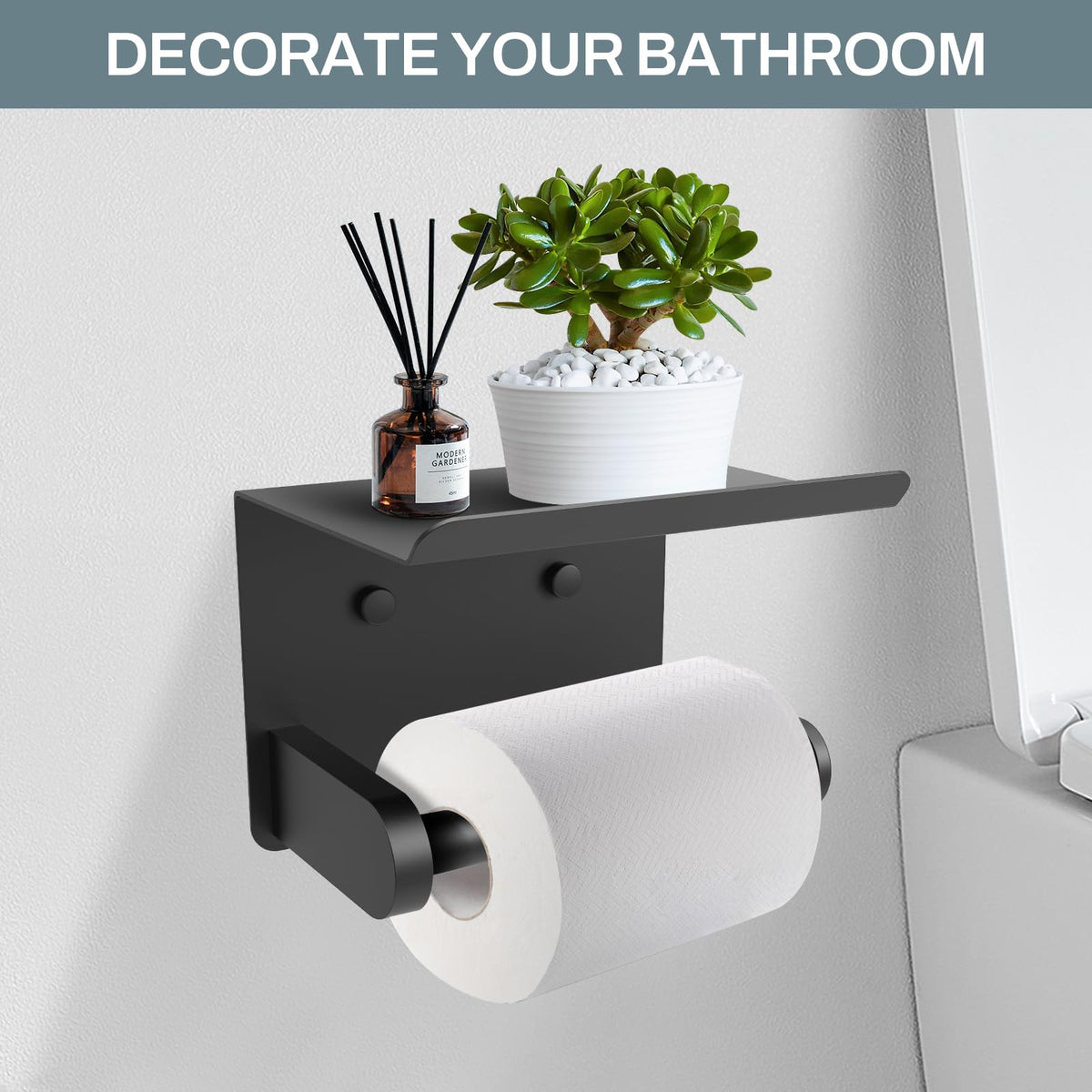 SetSail toilet paper holder with shelf in use beside the toilet for easy reach