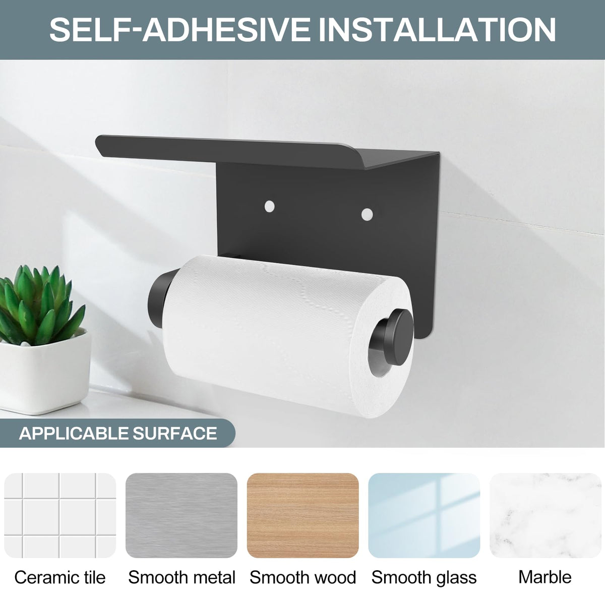 SetSail toilet paper holder with shelf saves space with a slim wall-mount profile