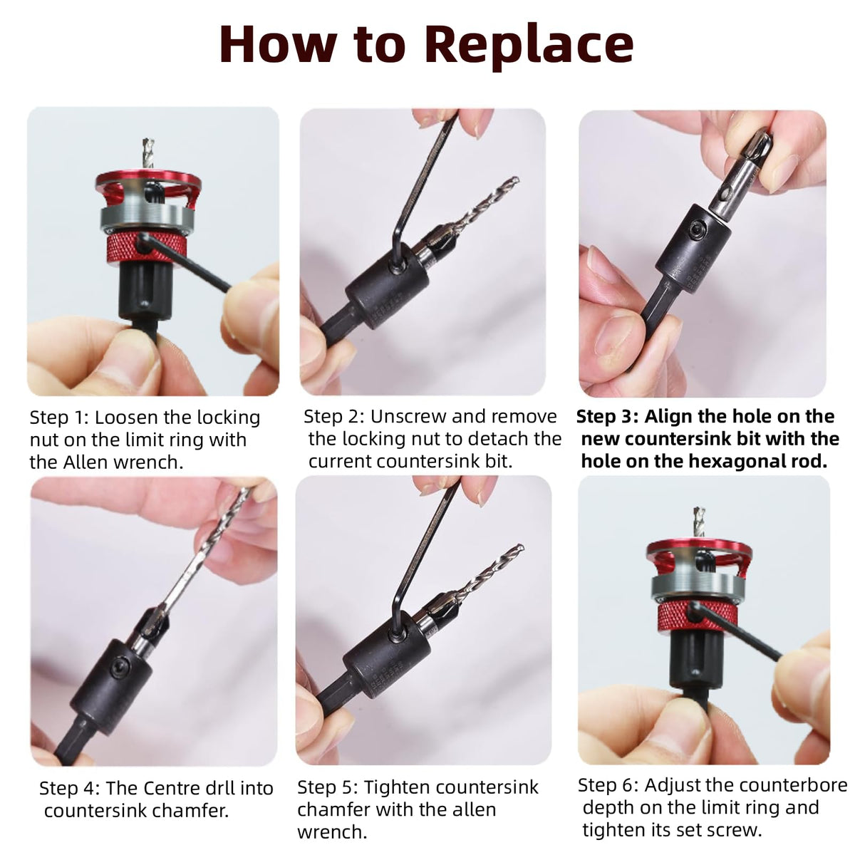 Seuphubs depth adjustment wrench enables accurate drilling and countersinking.