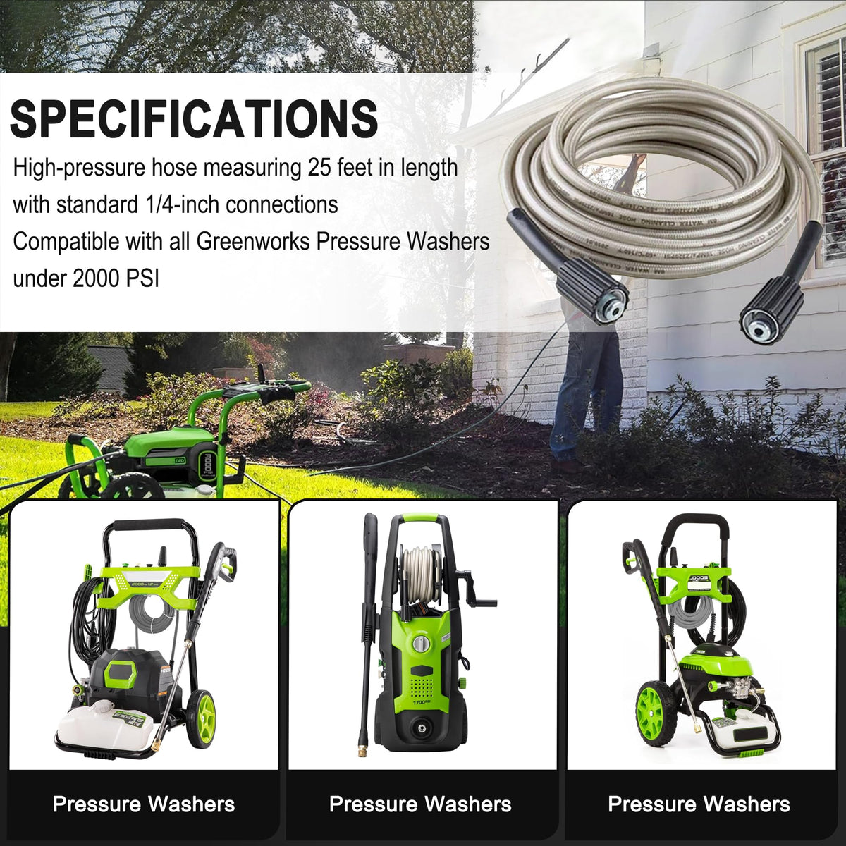 Sevensool Greenworks compatibility hose supports up to 2000 PSI for broad use.