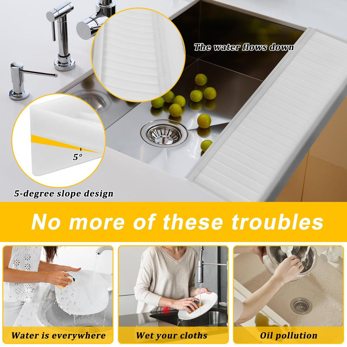 Sevflow silicone sink edge protector shows water drainage action with slope.