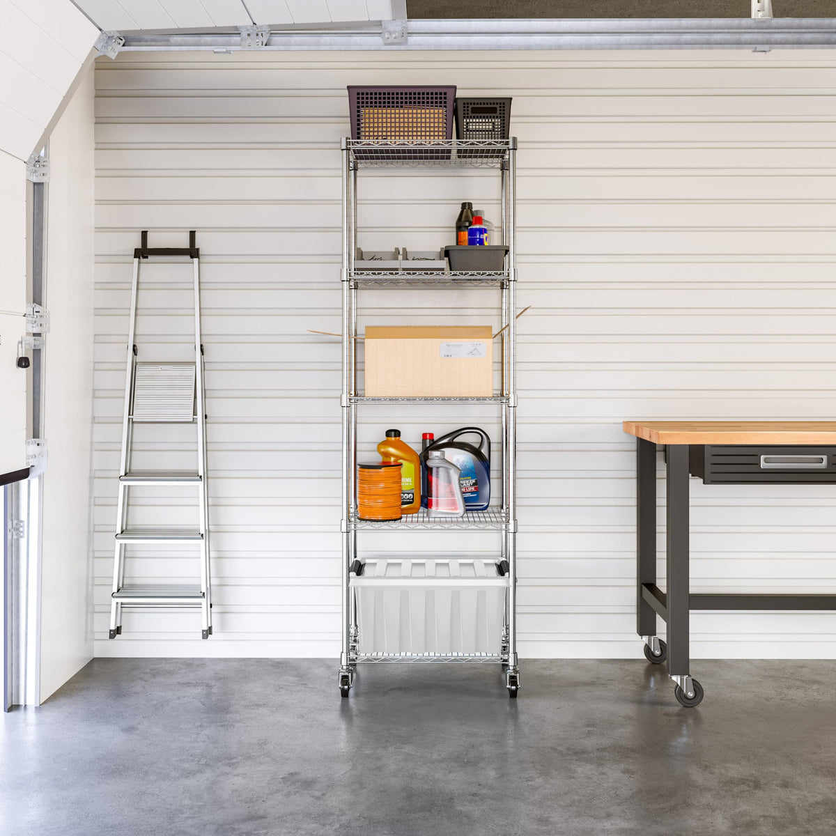 Close-up of Seville Classics UltraDurable shelves showing sturdy chrome finish