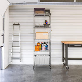 Close-up of Seville Classics UltraDurable shelves showing sturdy chrome finish