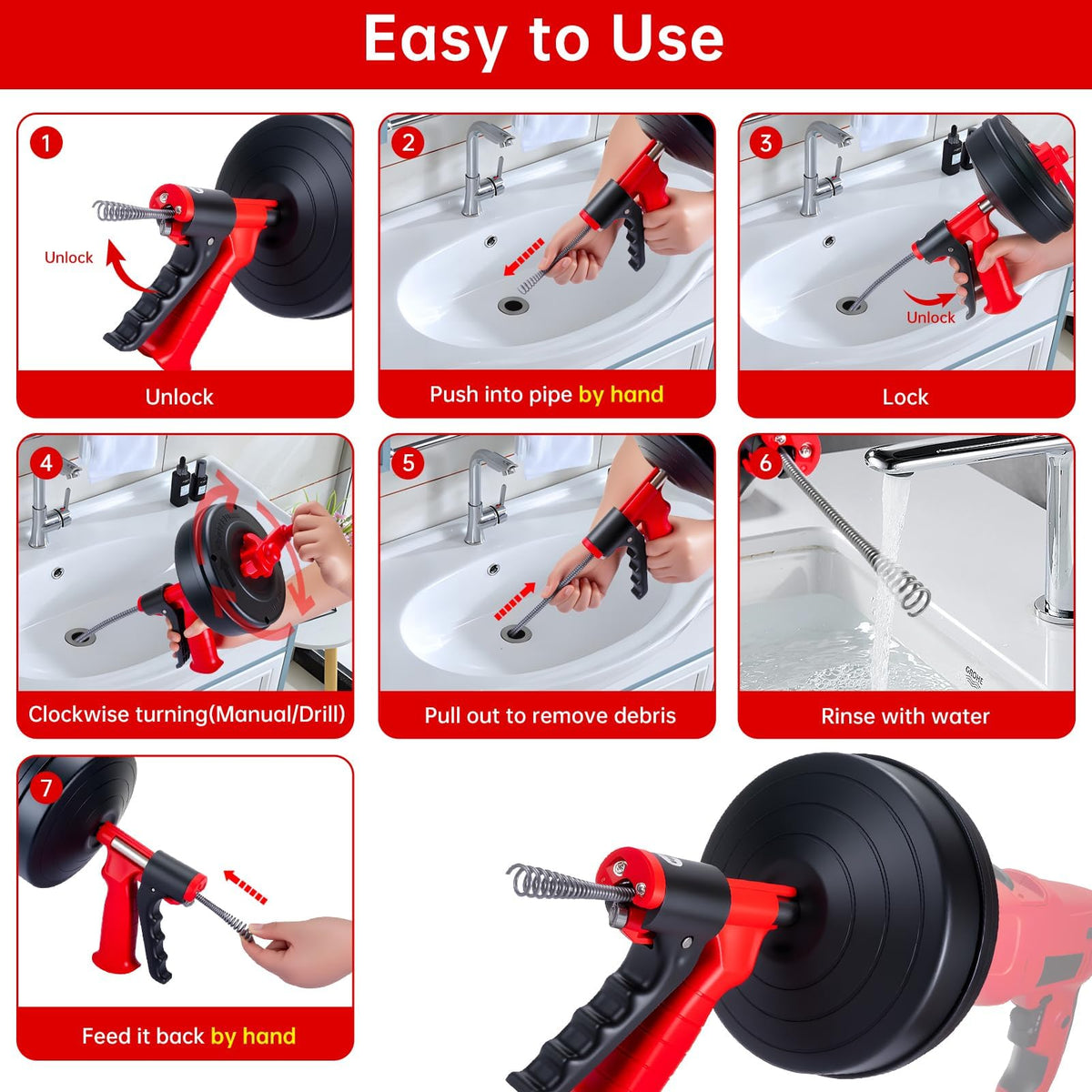 SEVVETROOL ergonomic handle improves grip during drain cleaning.