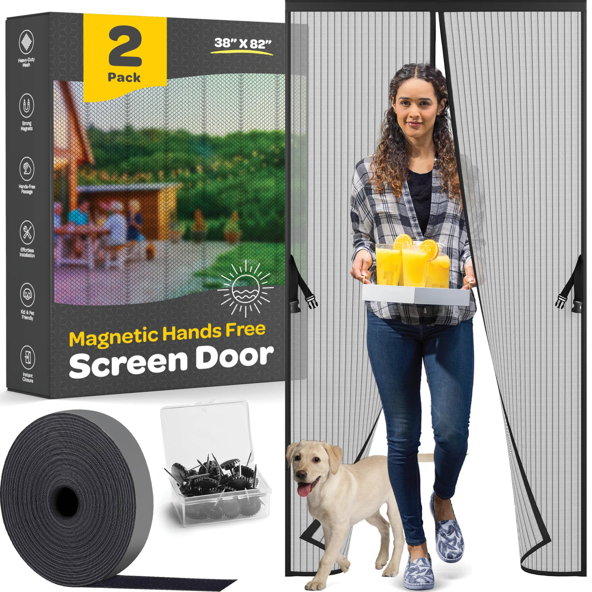 SEWANTA hands-free magnetic screen door in use with 2-pack, breeze-friendly entry.