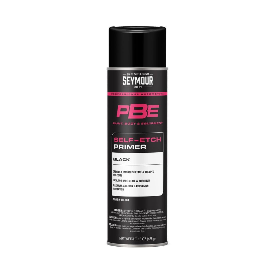 Seymour PBE self-etching primer black bottle ready for bare metal prep and topcoat adhesion