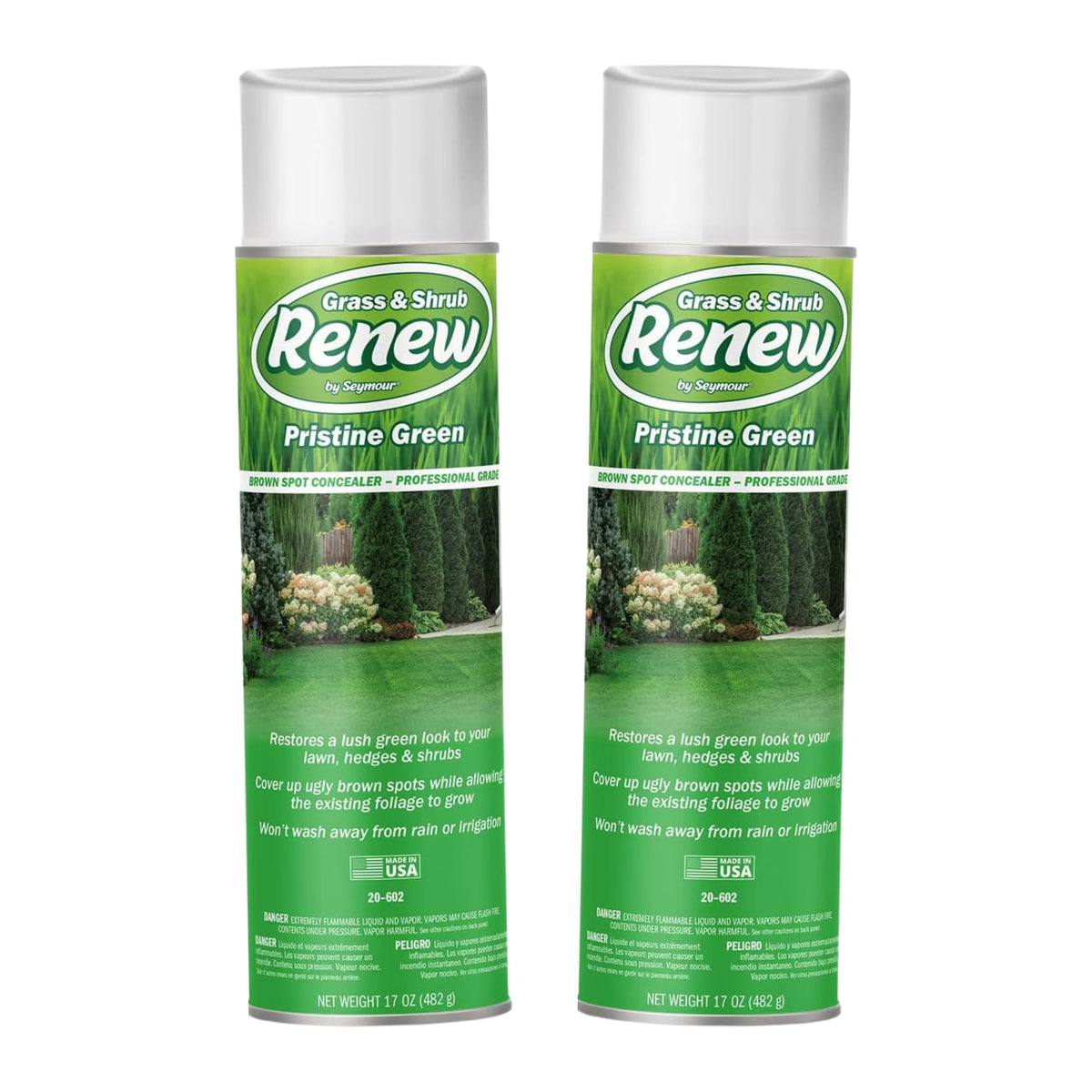 Seymour RENEW Pristine bottle demonstrates quick lawn spot concealing for green shrubs