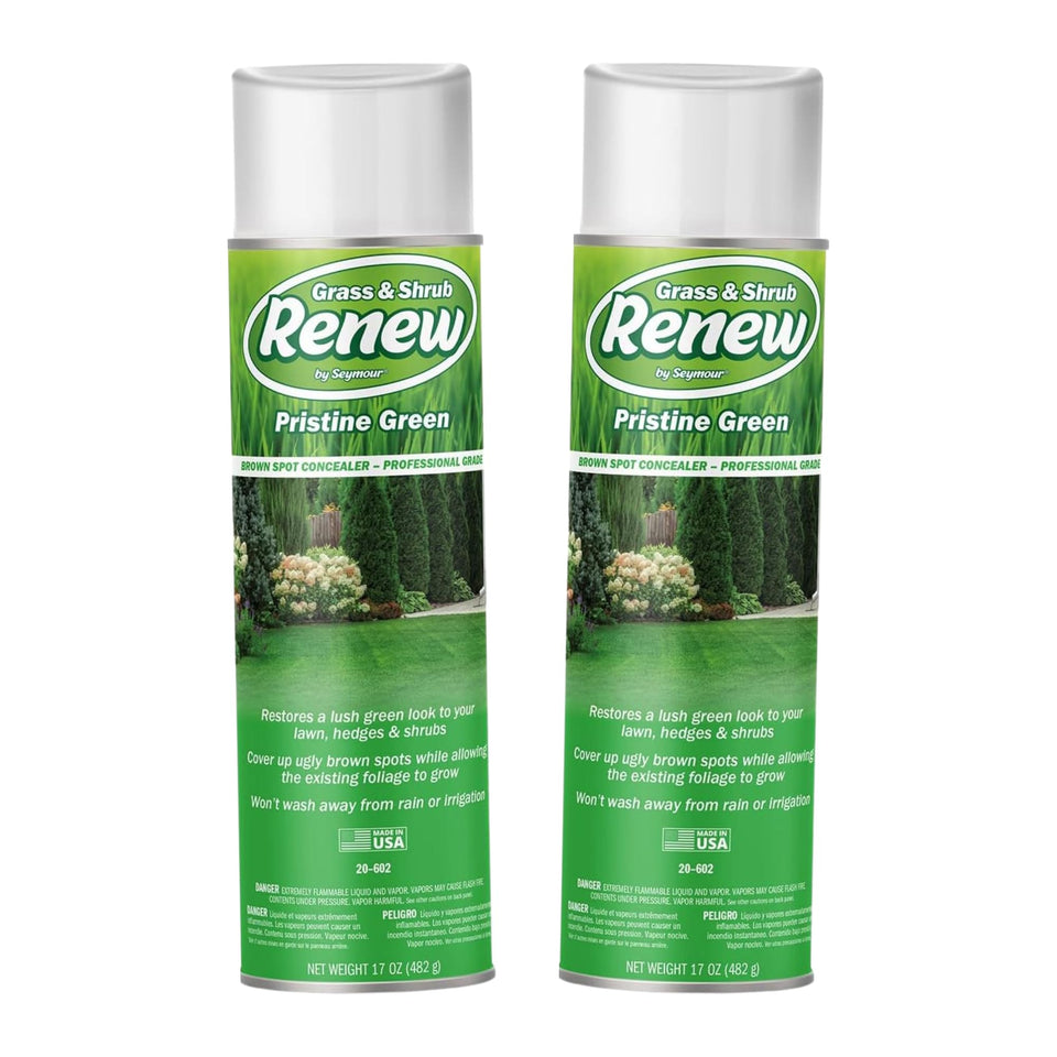Seymour RENEW Pristine bottle demonstrates quick lawn spot concealing for green shrubs