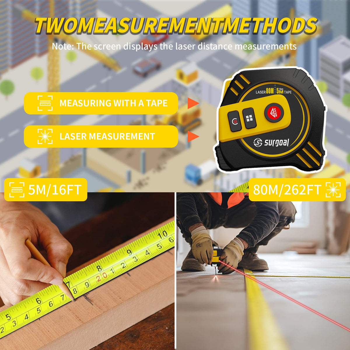 SG SURGOAL 2-in-1 laser tape measure rear benchmark aligns tail end for accuracy