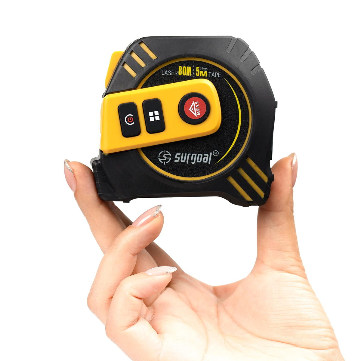 Large LCD display of SG SURGOAL laser tape measure shows clear distance readings