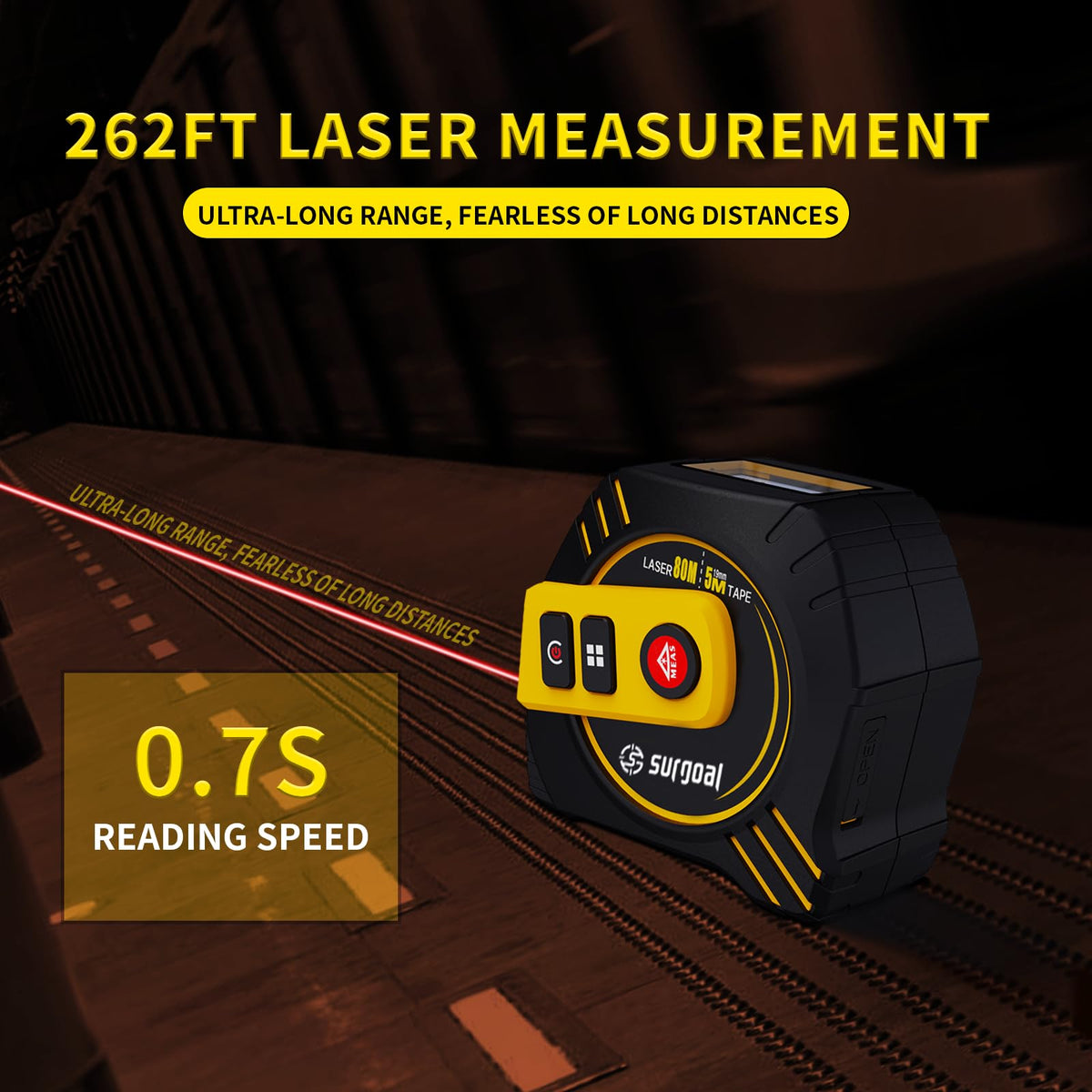 Magnetic hook on SG SURGOAL laser tape measure secures to metal surfaces