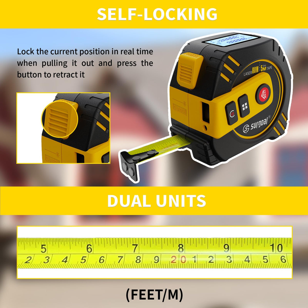 USB-C rechargeable SG SURGOAL laser tape measure for long usage without frequent batteries